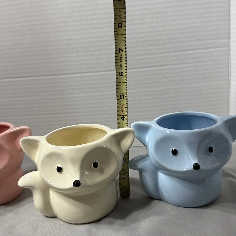 Set of 3 Fox Shaped Ceramic Planters Pink Blue Cream Small Potted or Air Plants